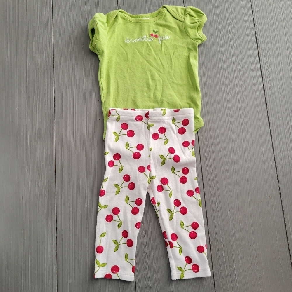 Gymboree Baby Girl 3-6 Months Two Piece Outfit Sweetie Pie Green White Cherries